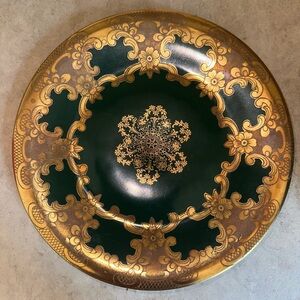 Vintage Rudolf Wachter Bavaria Green W/Gold Floral Porcelain Dish Germany 7.5”‎